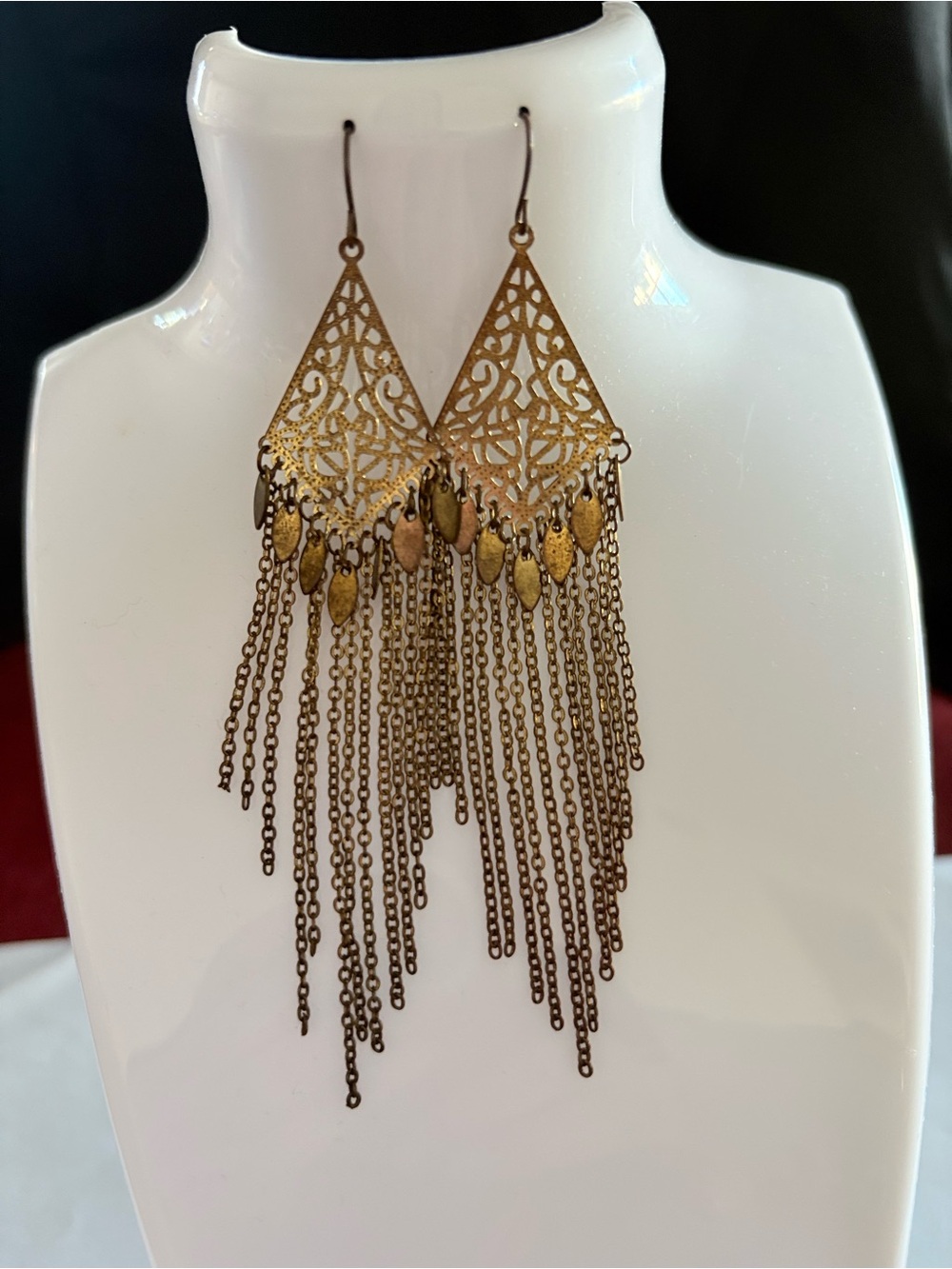 Vintage Bronze Filigree Geometric Diamond Dangle Fringe Chain Earrings-4”